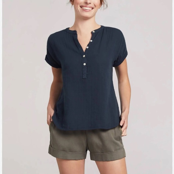 FAHERTY Dream Cotton Gauze Desmond Top Short Sleeve Washed Black Sz L - Picture 1 of 12